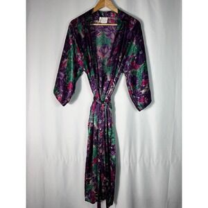 VTG California Dynasty Floral Print Robe‎ Kimono Purple Green Women's M